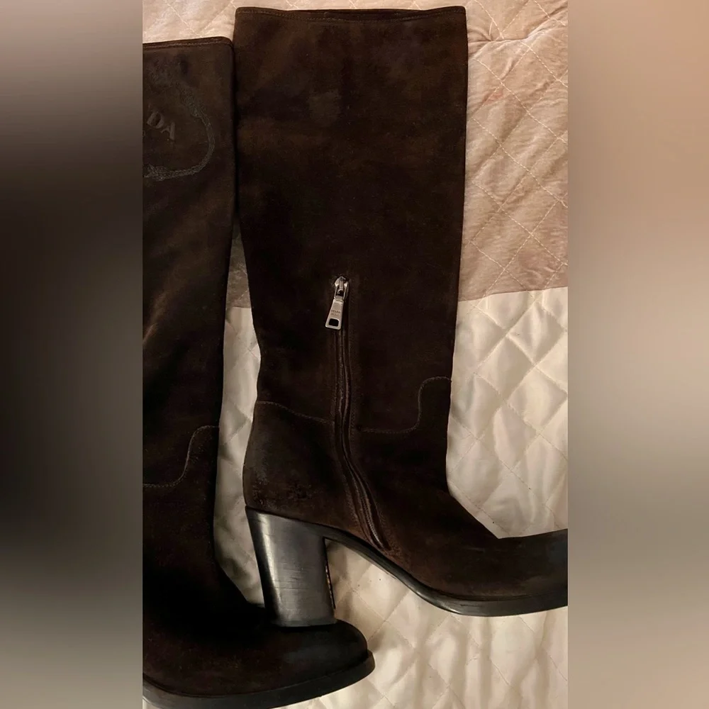 PRADA Milano brown suede, distressed, stamped boots - Picture 2 of 6
